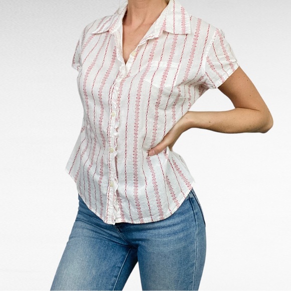 VINTAGE | CLIO White & Red Western Tribal Stripe Cap Sleeve Button Down Shirt - Picture 2 of 7